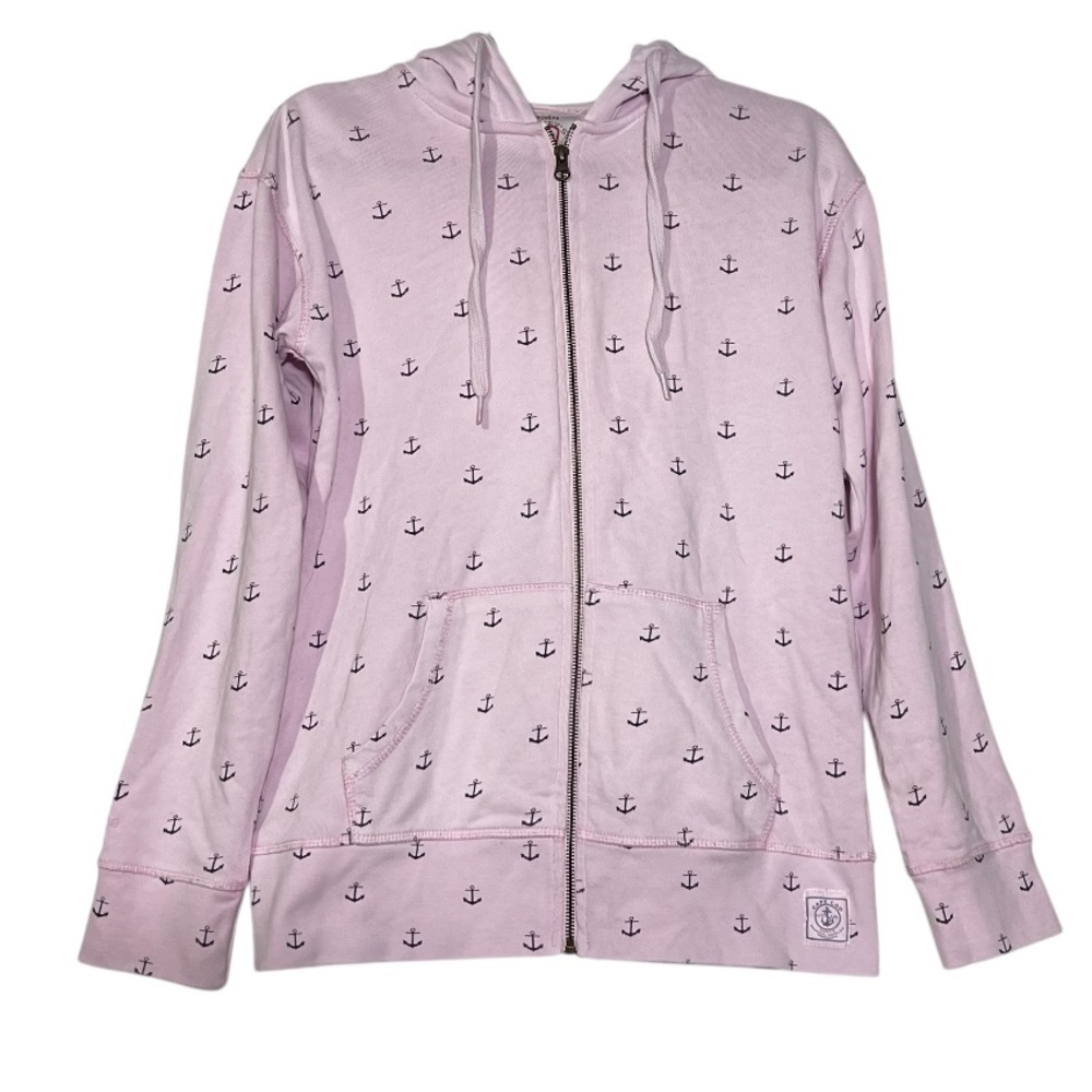 Cuffy’s Cape Cod Pink Zip Up Hoodie Anchor Print Size Small Nautical Coastal